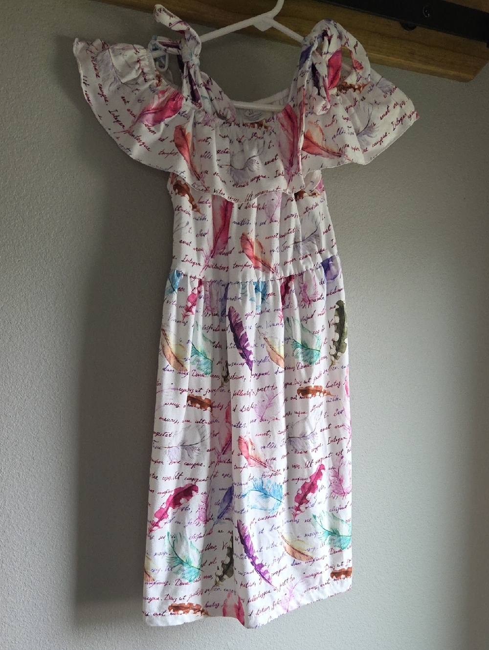 Boutique Girls White Off-Shoulder Dress with Colorful Feather Print